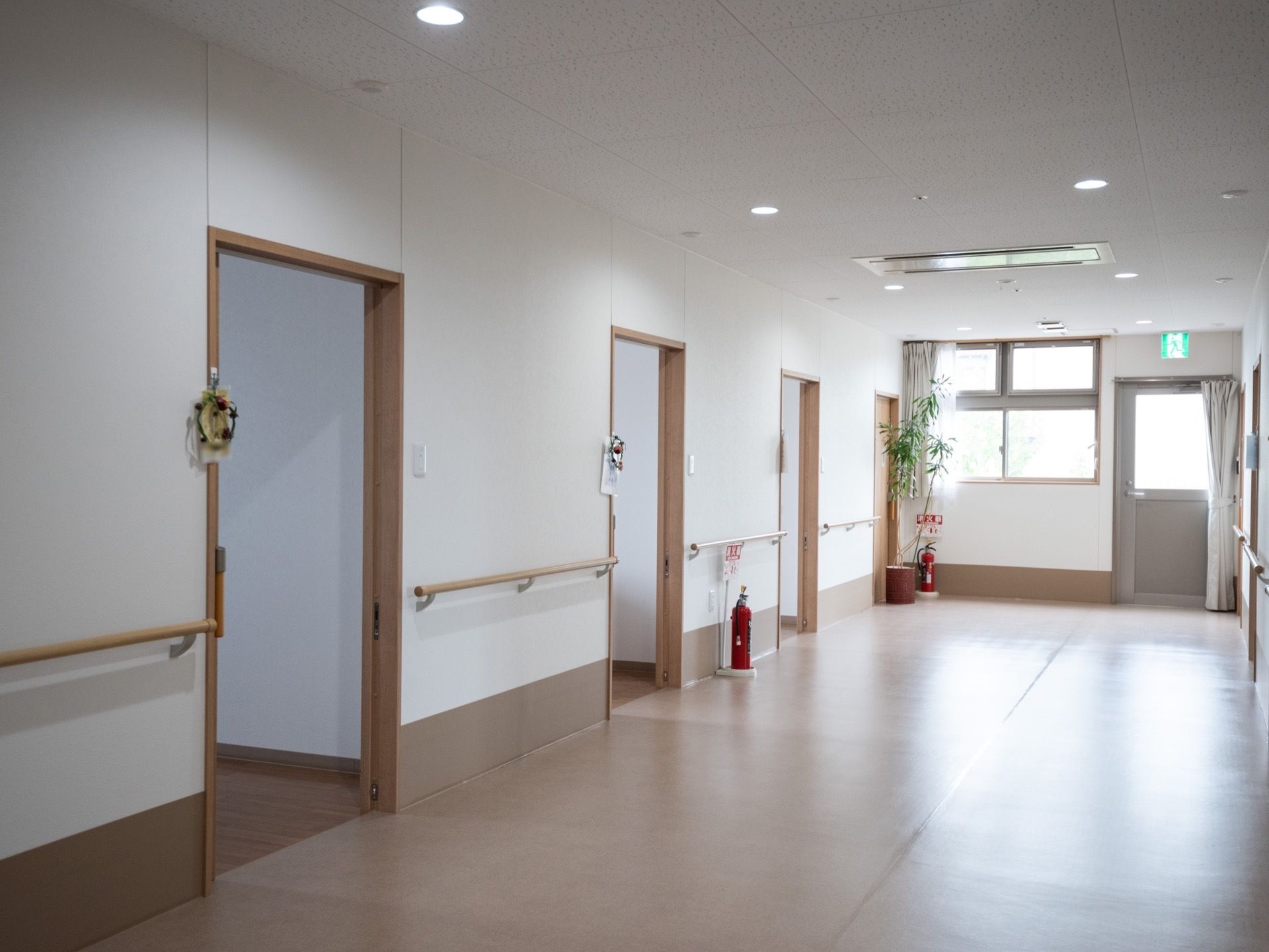 通路幅のある廊下で、居室との間は段差のない床となっている。角には、観葉植物と消火器が置かれている。