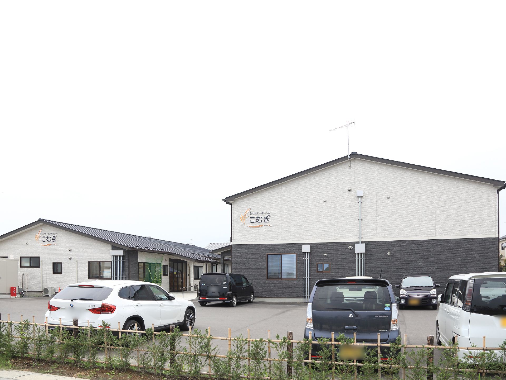 建物の前には、沢山の車が停められる広い駐車スペースになっている。隣接する道路と敷地の境には植栽が植えられている。