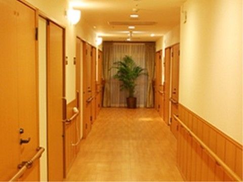 通路の両側には部屋の扉が並んでおり、掴まれるように手すりが取り付けられている。大きな観葉植物が飾られている。