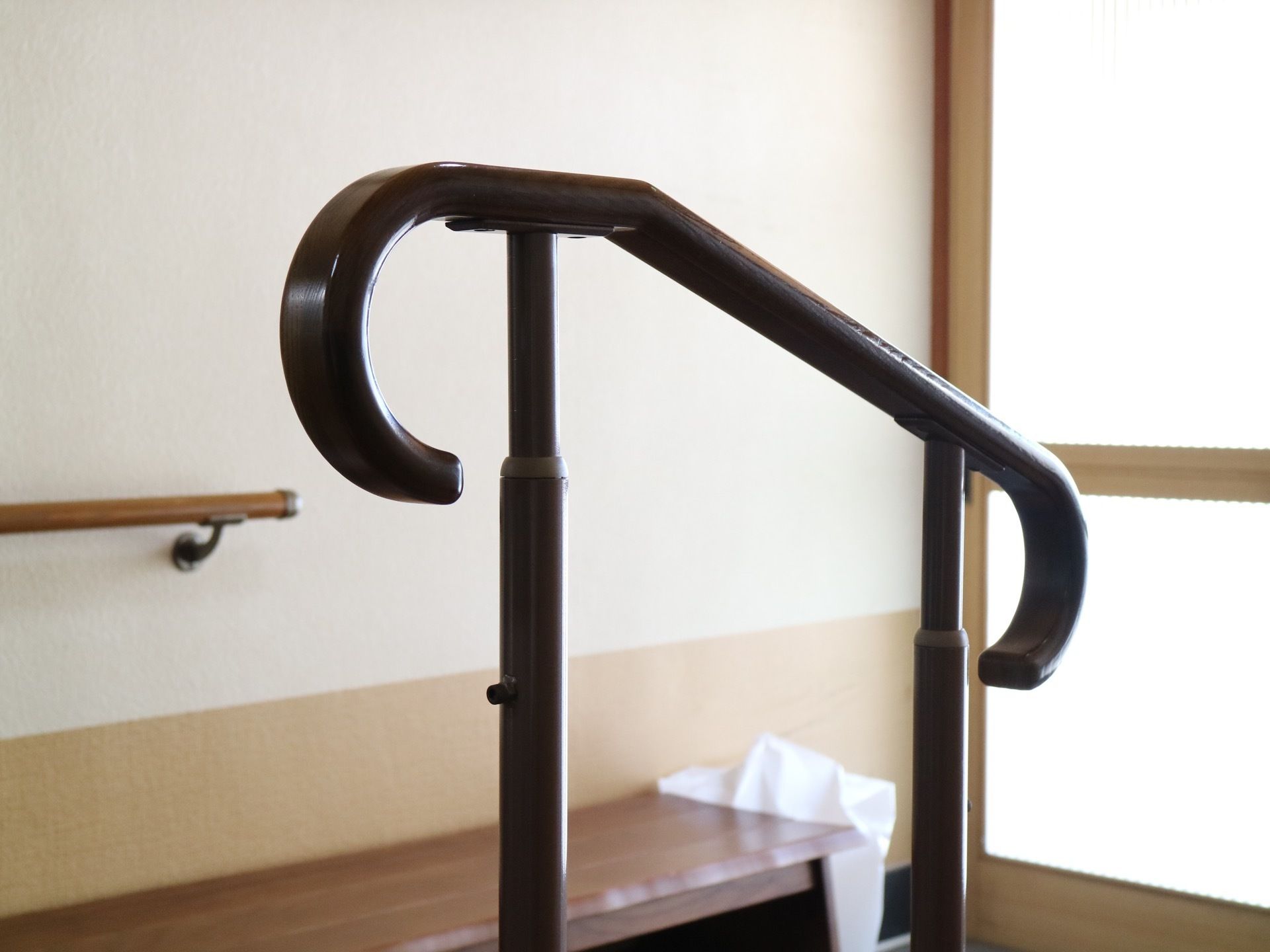 玄関の中央に黒色の手すりがある。使用する際に危険がないように先端が弧状のデザインとなっている。