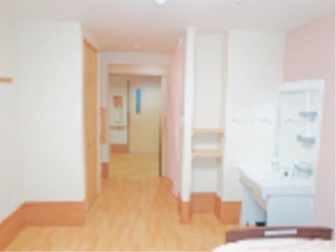 居室と通路の間は段差のないフラットな床となっている。洗面台近くの壁には、収納棚が取り付けられている。