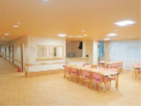 通路やリビングの壁に木製の手すりが設置されている。大きな窓にはレースカーテンが取り付けられており、廊下の途中には消火器が置かれている。