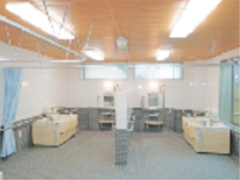広々とした浴室に浴槽と洗い場がひとつずつ設置されている。木のぬくもりが感じられる天井には、複数の照明が設置されている。