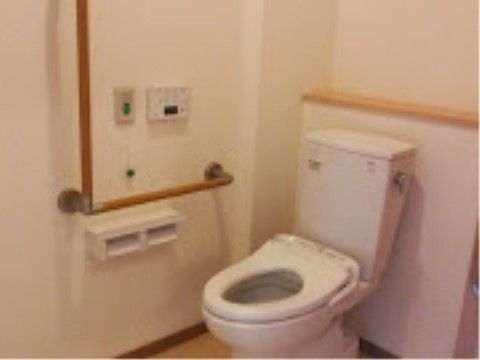 「住宅型有料老人ホームサンアンドムーン」のトイレ。立ち上がり時の下半身への負荷を軽減するため、補助手すりを設置している。