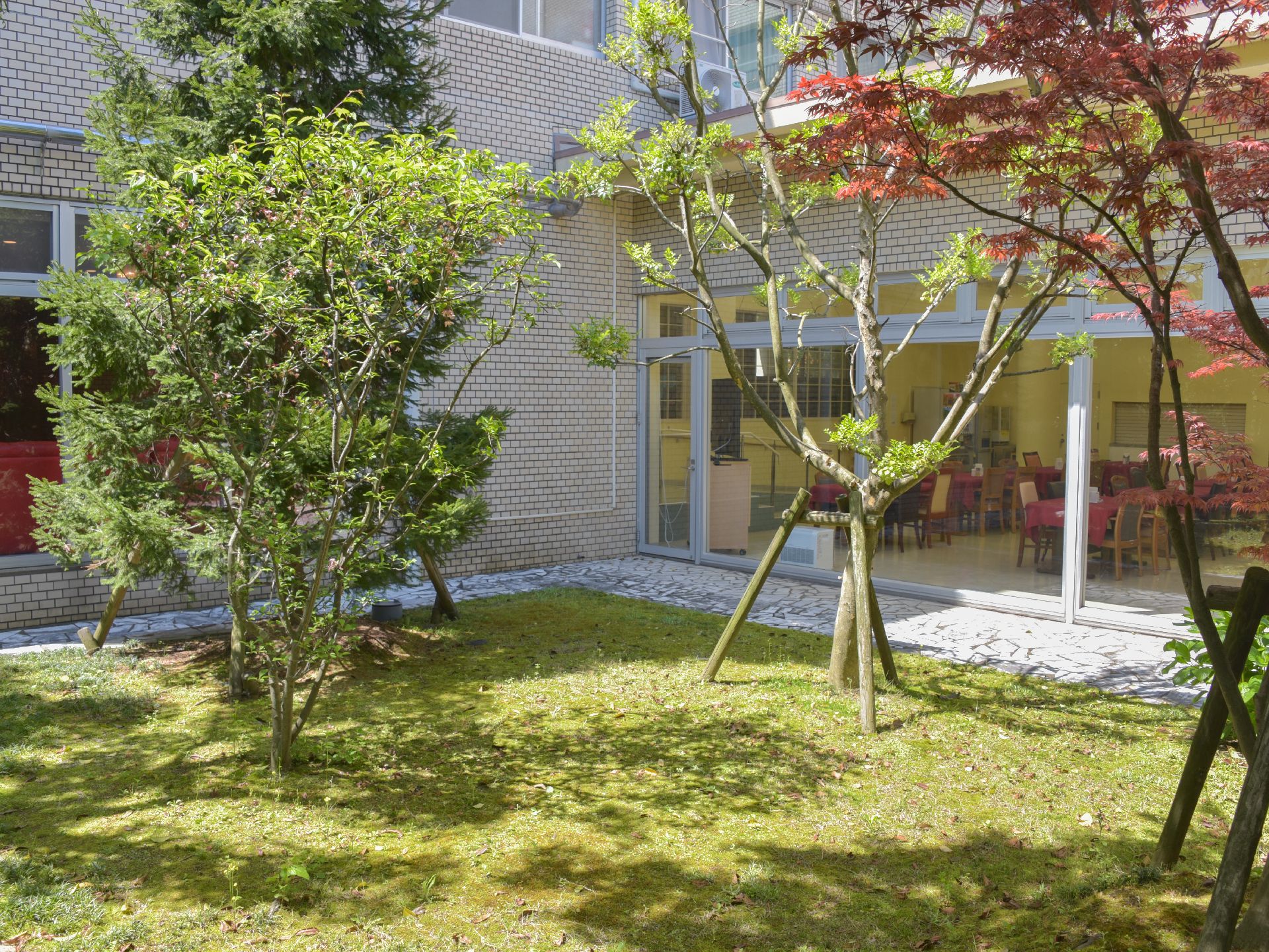 庭園は整備され、何種類かの木々が植えられている。散策用に石畳の道が整備され、季節の移ろいを感じられるようになっている。