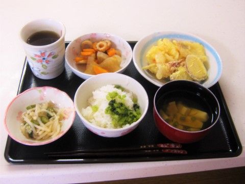 ごはんと味噌汁、小鉢、煮物やじゃがいもの料理が乗っているトレー
