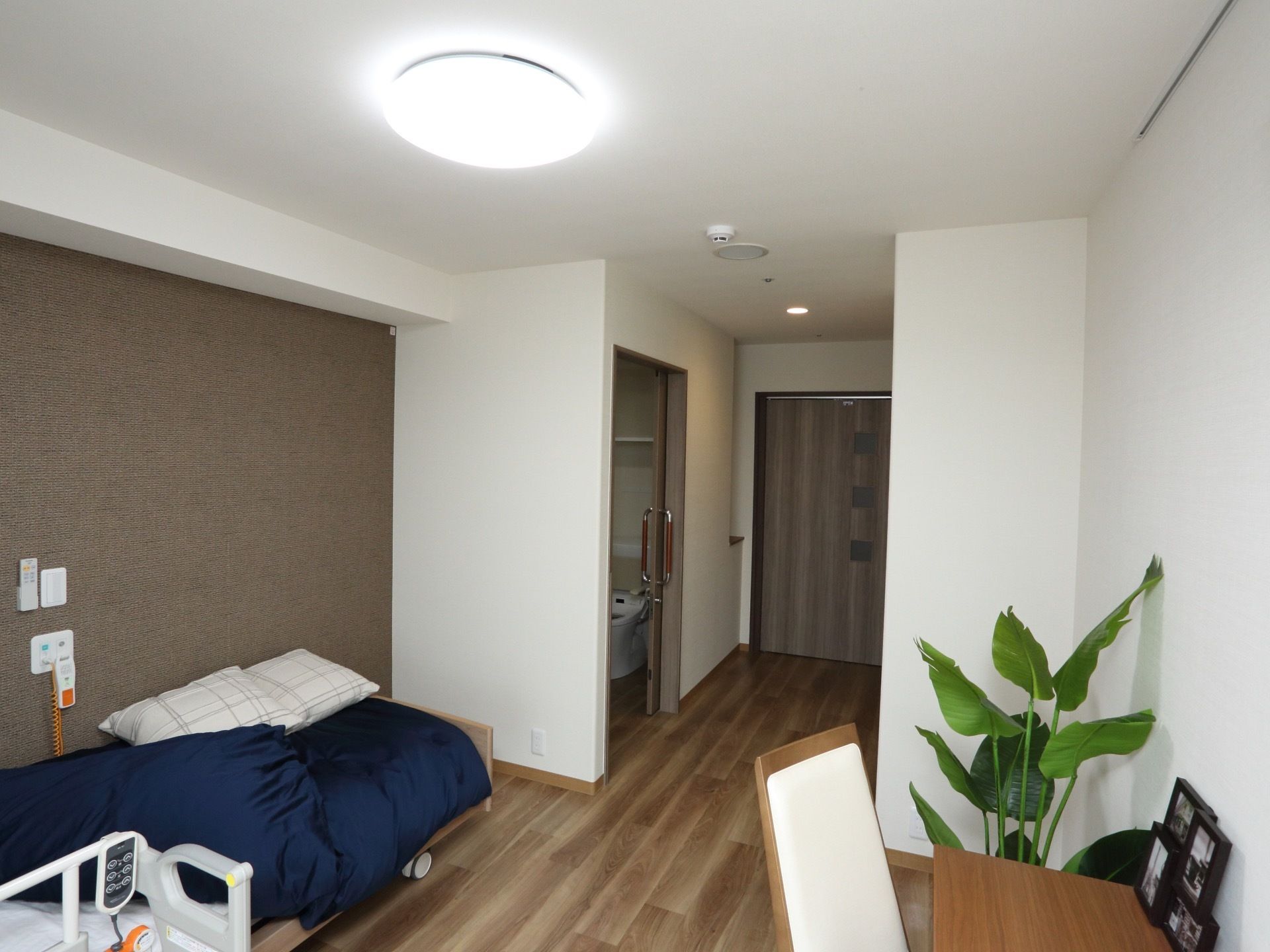 木目の濃淡が美しい内装の部屋。出入口付近にトイレがあり、部屋の奥には電動ベッドや家具、観葉植物が置かれている。