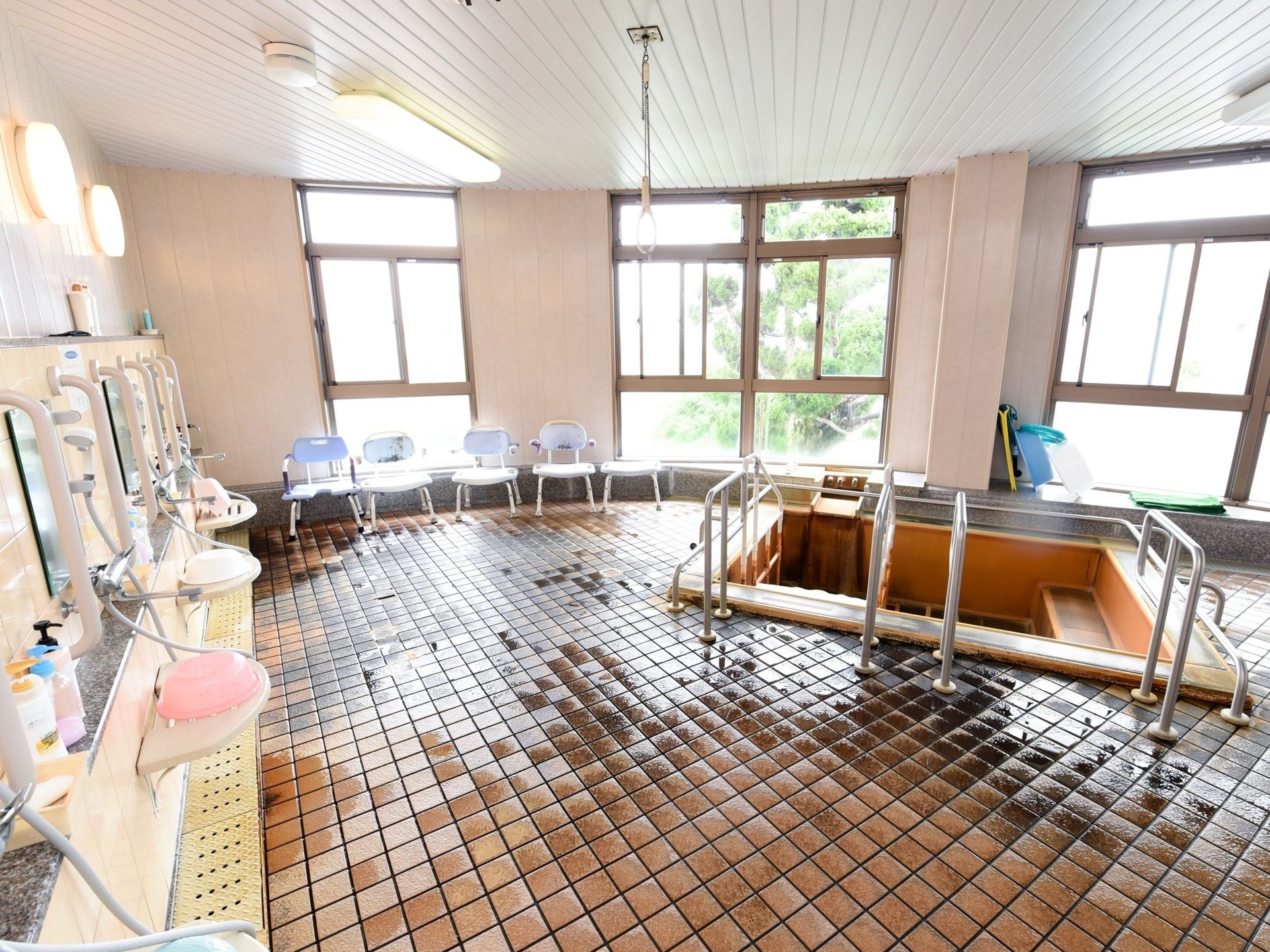 窓の多い、広々とした浴室である。出入りのための手すりが備わった広い浴槽と、たくさんのシャワースペースの付いた洗い場がある。