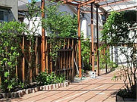 広い歩道のある中庭。路にわきには植物を植え、一年中緑を楽しむことができる。入居者様の憩いの場となっている。