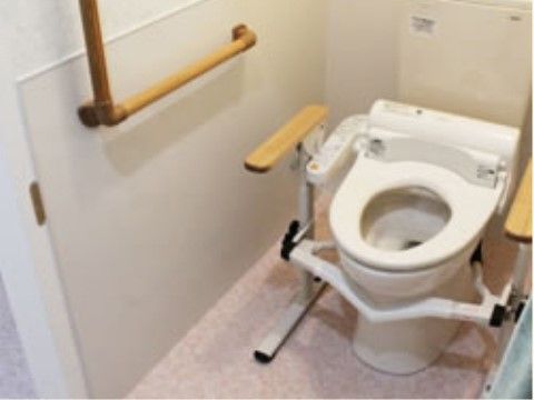手すりがしっかりと設置されたトイレである。便器への立ち座り時に使える手すりや、立った姿を維持するのに便利なL字型の手すりがある。