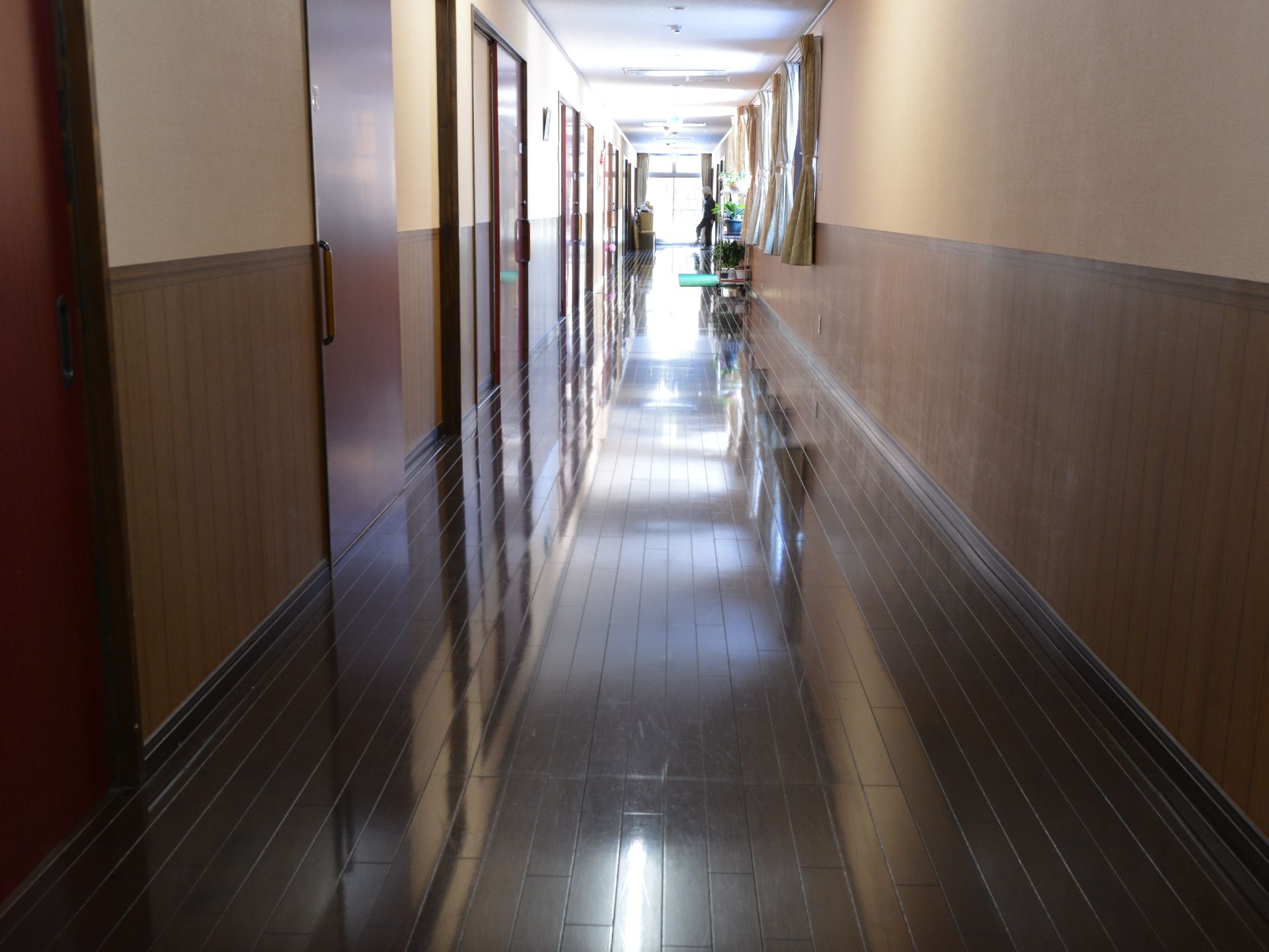 奥行きのある長い廊下の左側には、ダークブラウンの大きな引戸がたくさん並んでいる。奥には大きな窓も取りつけられている。