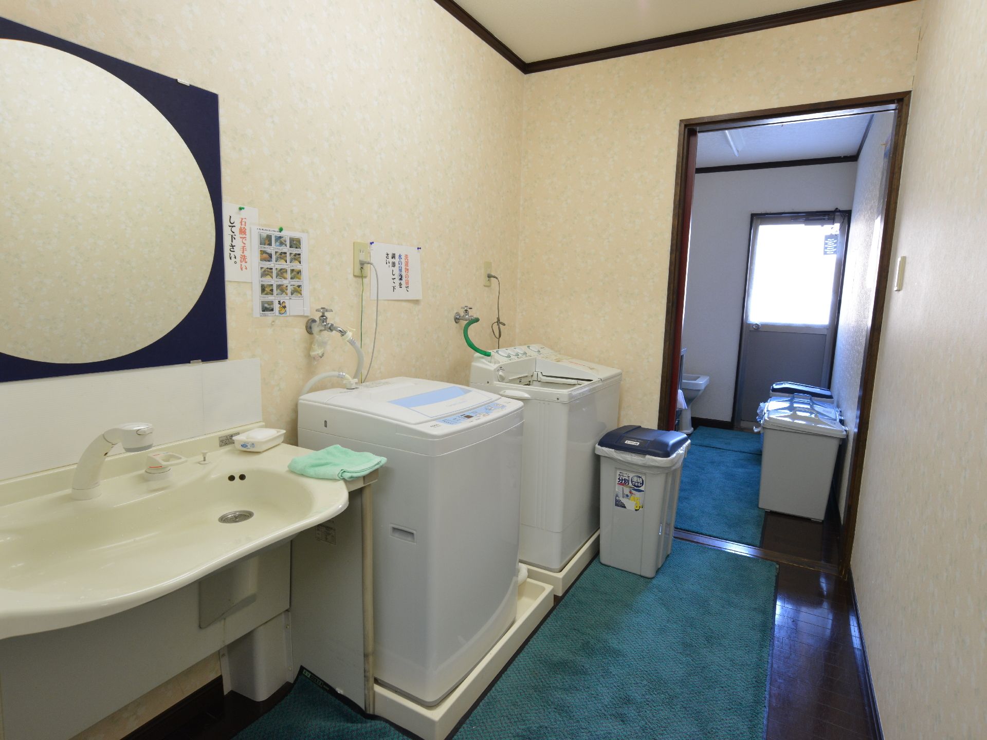 広々とした洗面所には、横幅の広めな洗面台と2台の洗濯機、奥の部屋にはゴミ箱が並べられている。床には深緑色のカーペットが敷かれている。