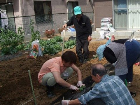 施設敷地内にある家庭菜園で土いじりをしている入居者様とスタッフ