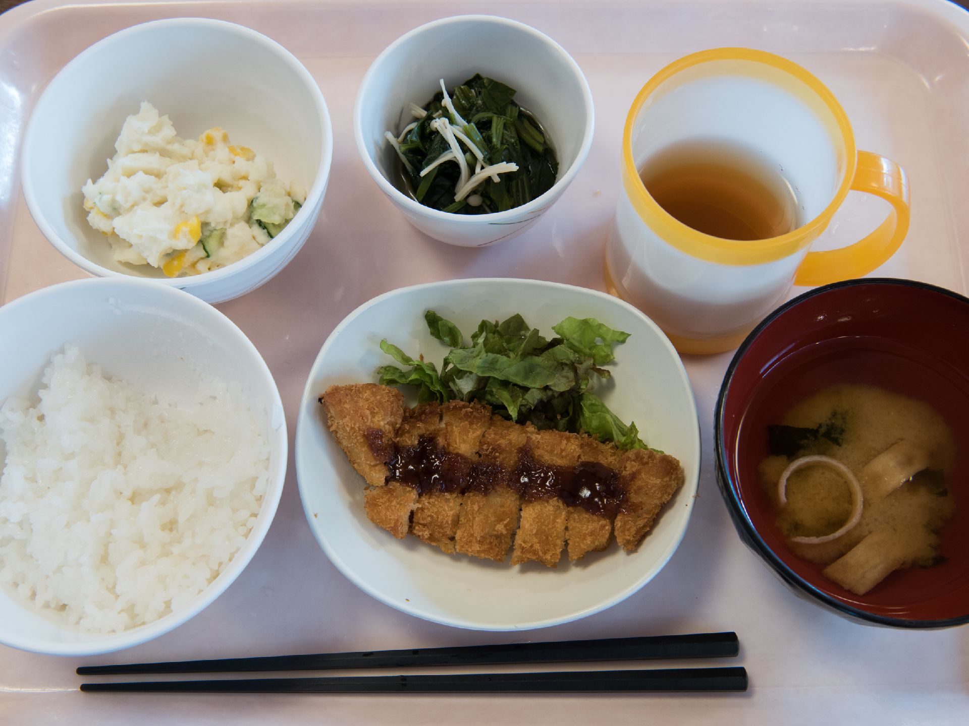 食事の写真。ご飯、味噌汁、レタスの添えられたとんかつ、ポテトサラダ、和え物が見える。マグカップにはお茶が入っている。