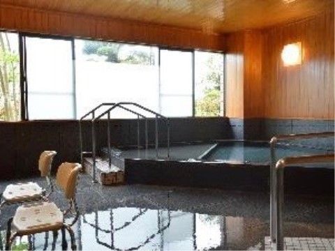 大きな大理石の浴室があり、手すりが設置されている。大きな窓の向こうには緑が広がっている。介護用の椅子が２脚置かれている。