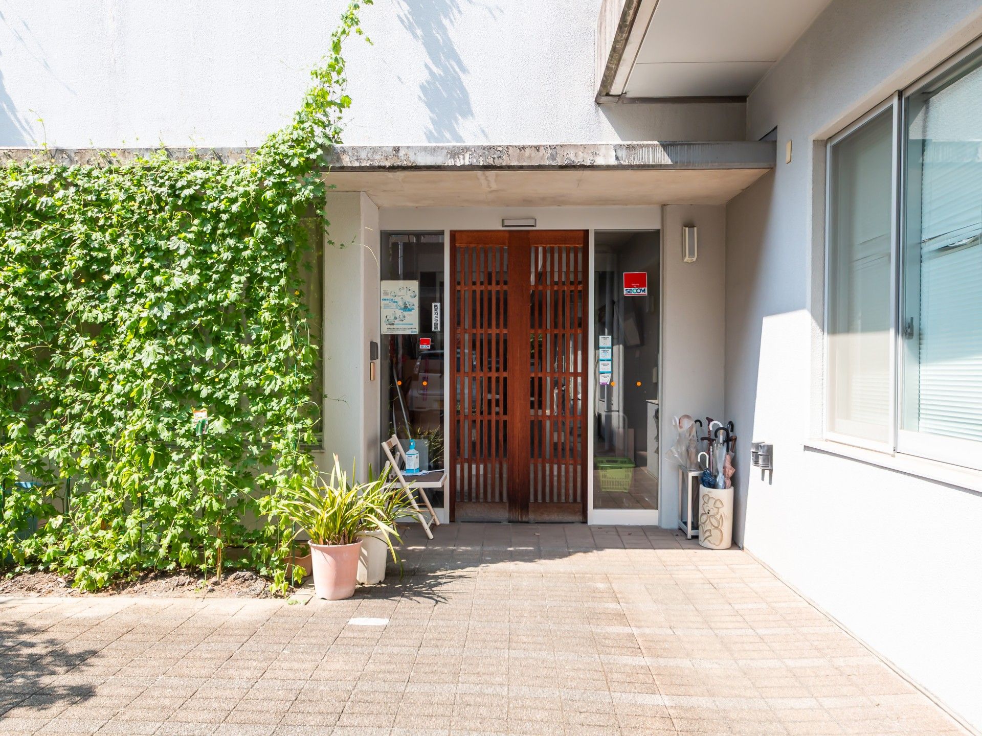 緑に囲まれた玄関