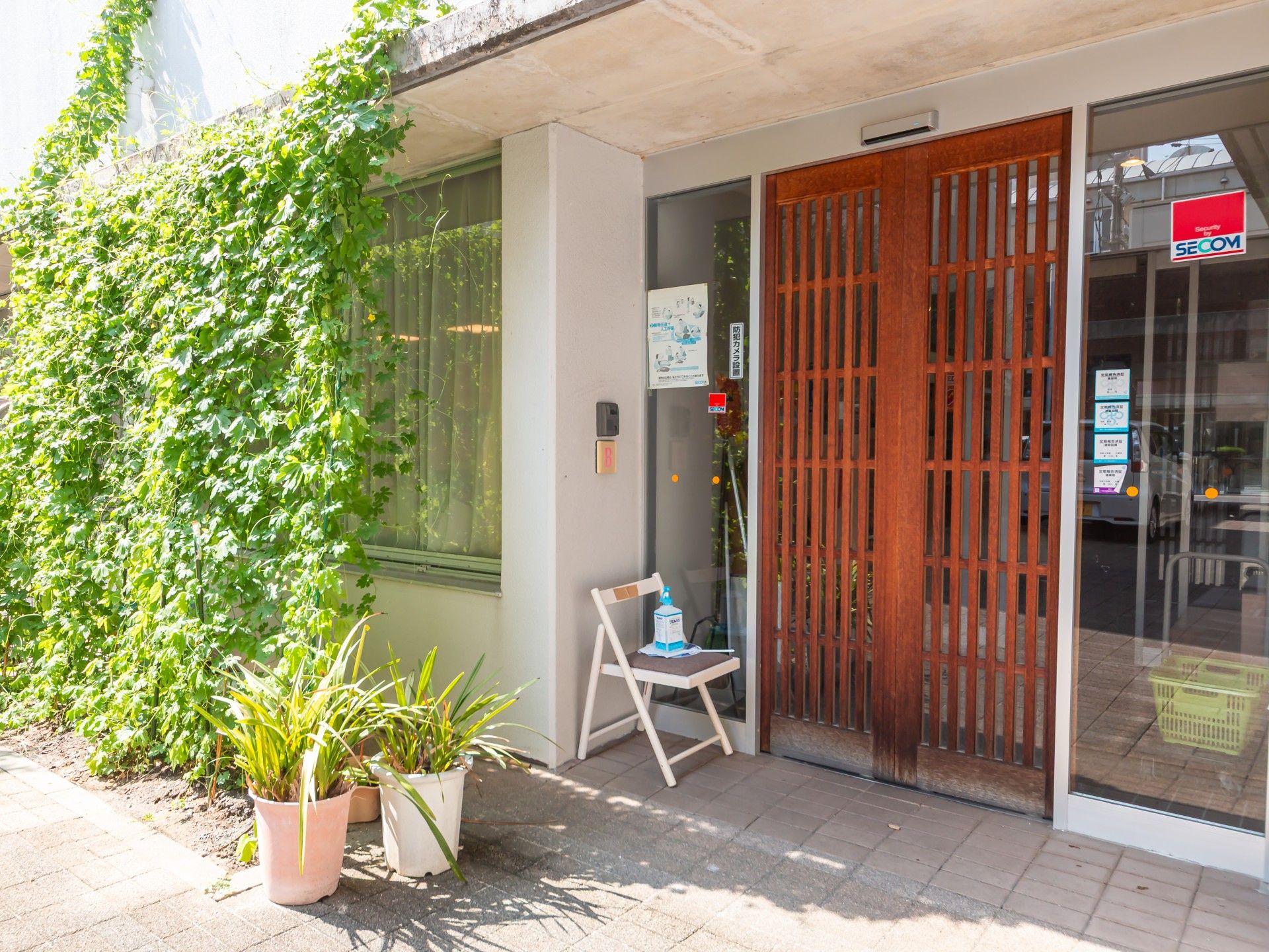 緑に囲まれた玄関