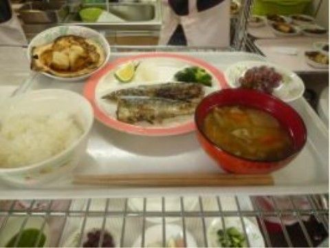 日々の食事の写真。白飯と汁物のほかに栄養バランスの考慮された野菜や魚、デザートなどが提供されている。