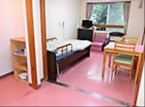 手すりが取り付けられている介護ベッドが置いてある。大きな窓があり、良い景色を眺めることができる。段差のない構造となっている。