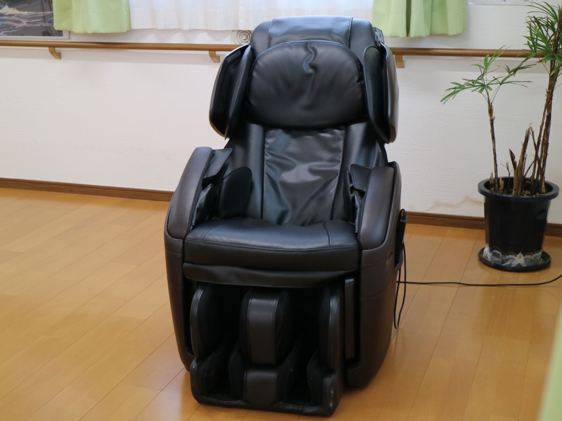 共有スペースに黒い革のシートのマッサージチェア、観葉植物が置かれている。壁には手すりが設置されている。