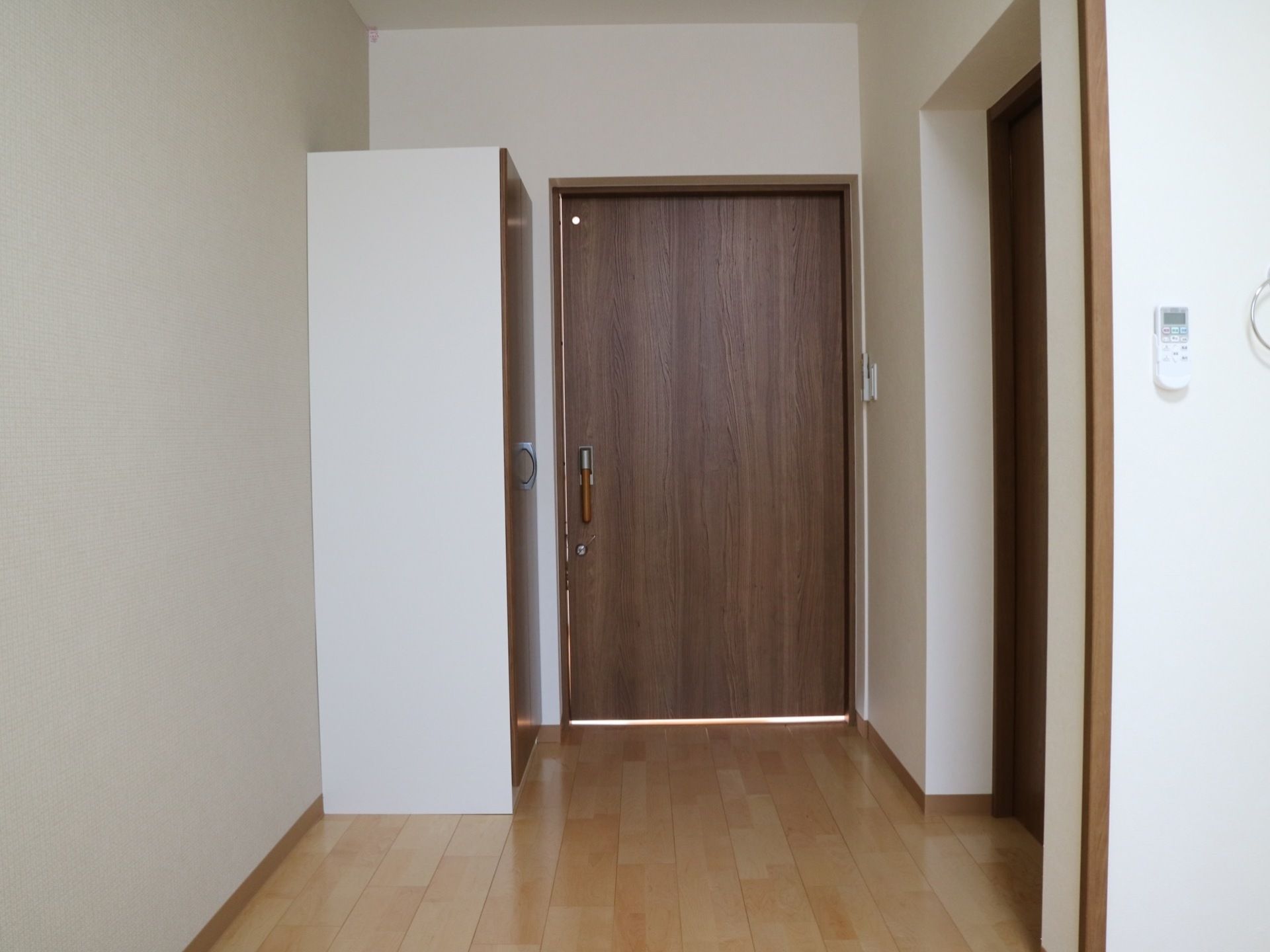 ダークブラウンのドアはスライド式となっている。フローリングの床で、居室の入り口付近に収納スペースが設置されている。