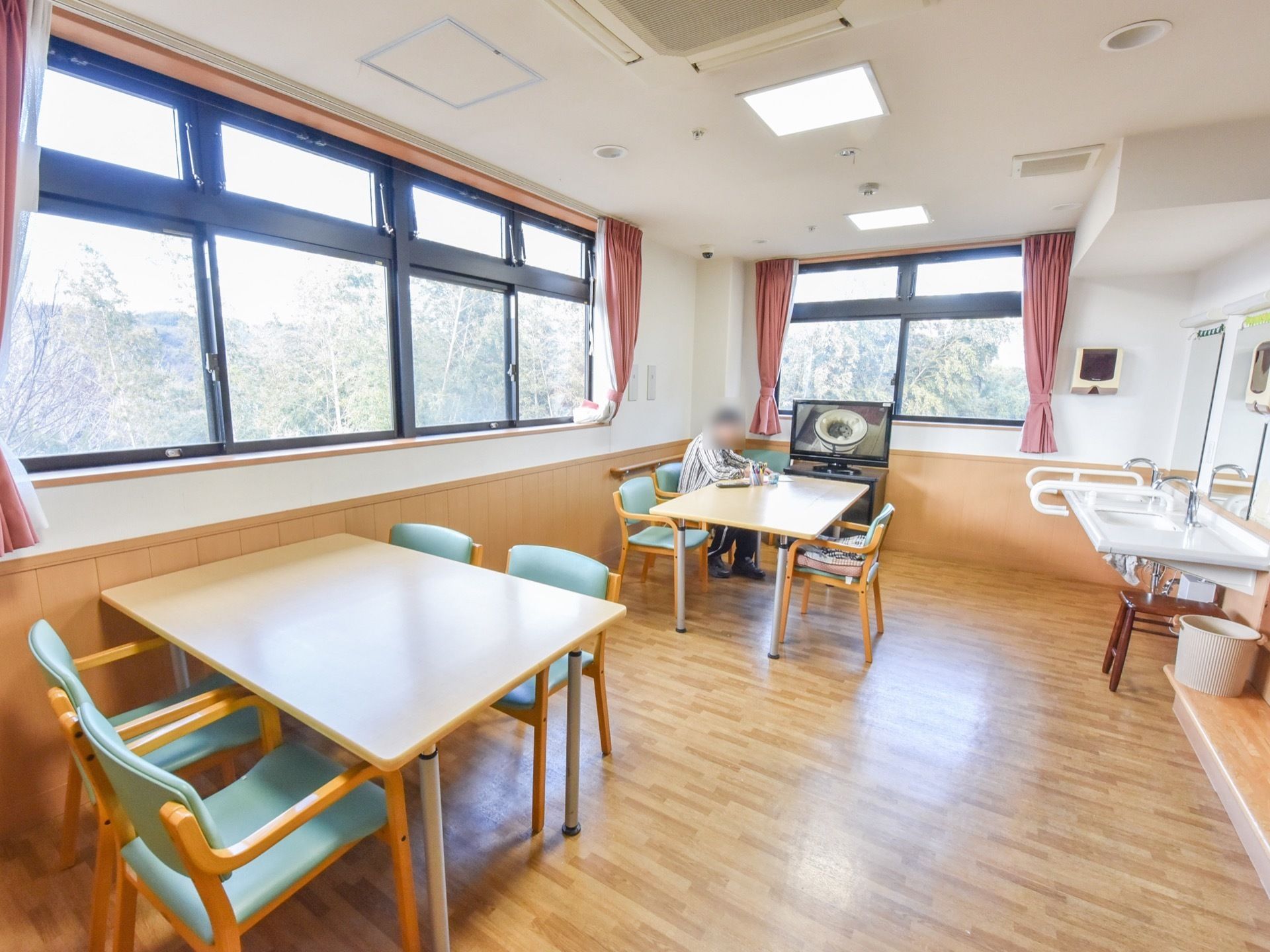 窓から日差しが差し込む広く明るいリビングである。４人掛けダイニングテーブルやテレビが置かれている。洗面スペースが設けられている。