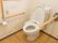 木目の床のトイレスペースである。白色の便器を設置し、両側には手すりを取り付けている。壁際には、ナースコールを備えている。