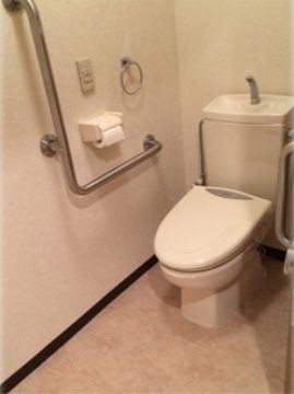 トイレにはがっしりとしたL字型の手すりを設置してあるので、安心して使える。扉も引き戸になっており、使いやすい。