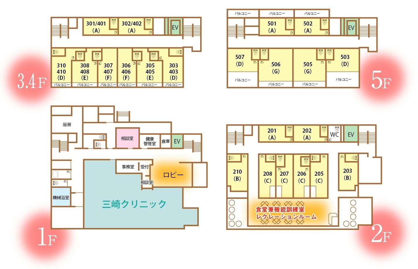 ケアタウン豊明の1～5Ｆのフロアマップ