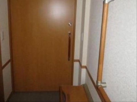 白い壁に大きな茶色の引き戸タイプのドアがある。壁には手すりが付いている。ドアを入ってすぐのところに台が置かれている。
