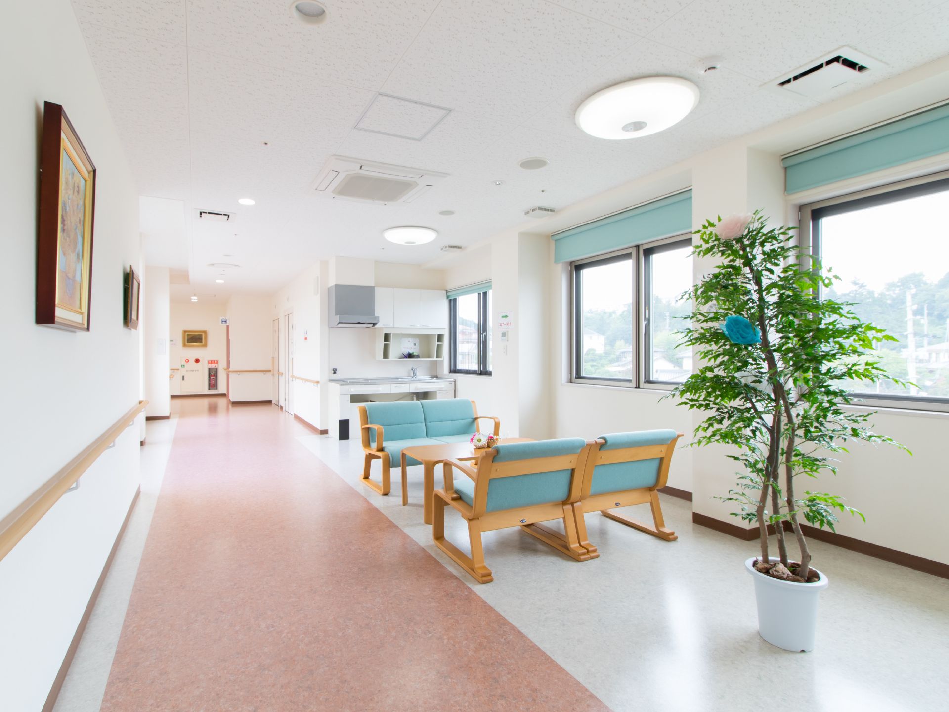 広々とした談話室コーナーには、観葉植物が置かれている。また壁には陽の光が差し込む、大きな窓が用意されている。