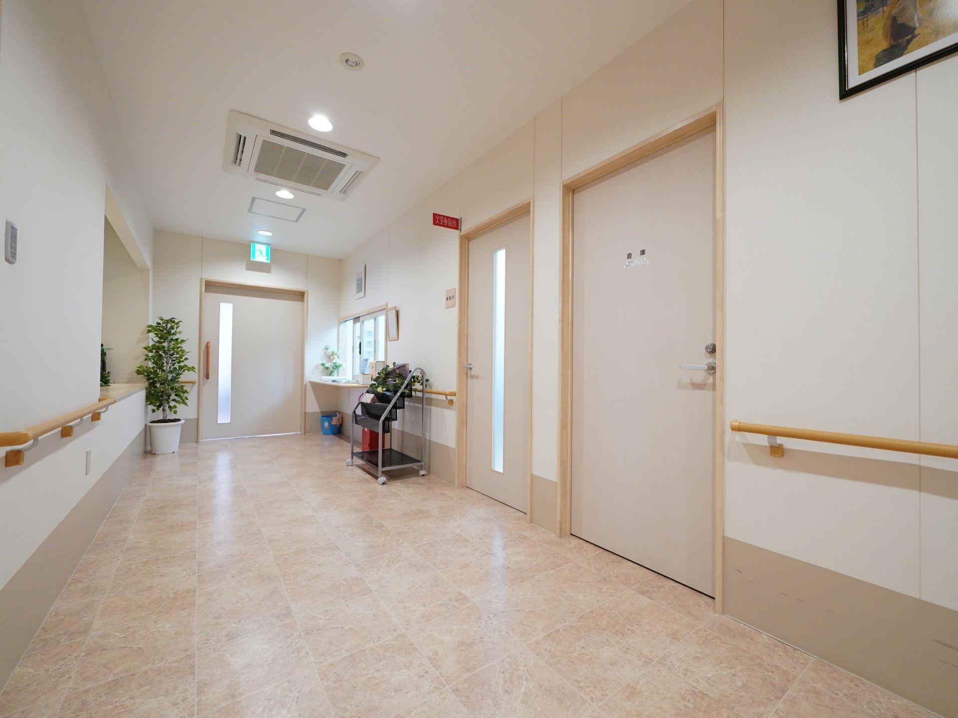 横幅が広い廊下になっている。大理石の床になっており、ドアは横スライド式の構造になっている。植物も飾られている。