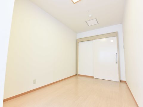 奥に廊下へ出る白い大きな引き戸扉がある、家具が無い居室
