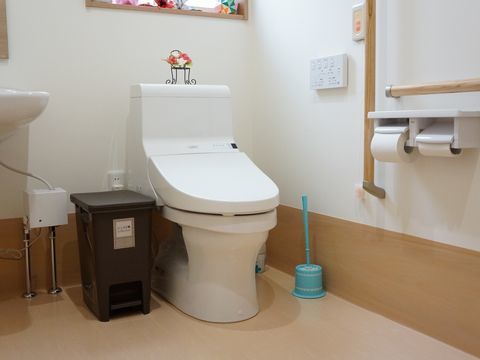 白とベージュを基調とした清潔感のあるトイレには洗面スペースが設けられている。壁には手すりとナースコールが取り付けられている。