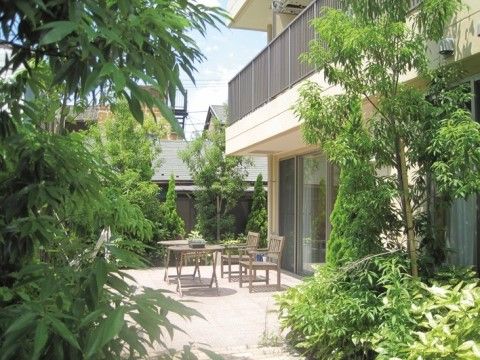 青々とした緑が生えそろう、外の風を感じられる施設屋外のガーデン