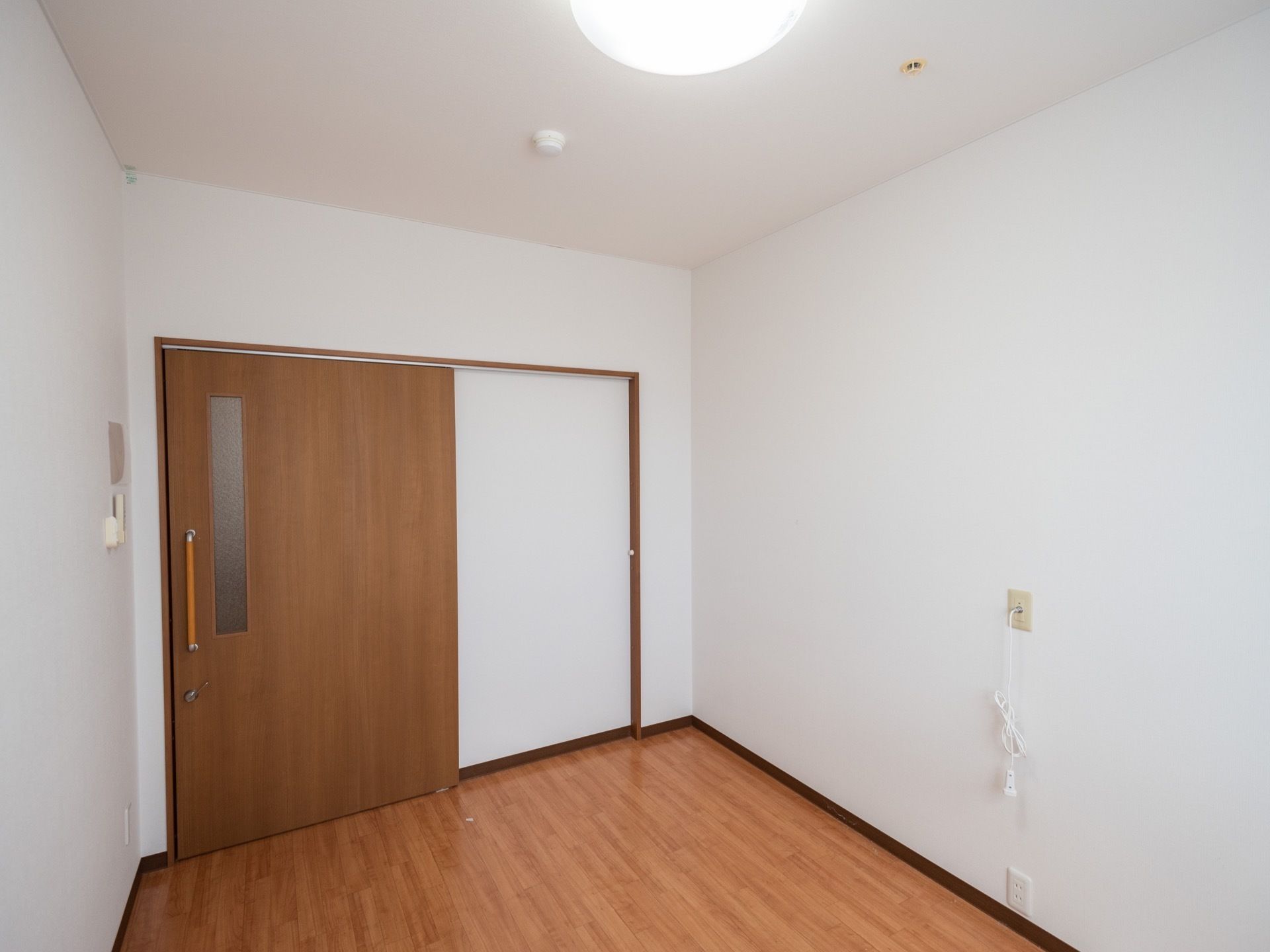 大きな引き戸の扉があり、その近くの壁にはナースコールが備え付けられている。天井には照明と火災報知器が付けられている。
