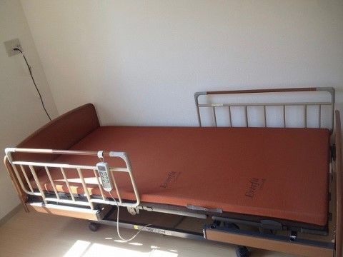 窓から光が入る壁際に、低床型のベッドがある。低床型で電動式、両サイドには転落防止ガードが付いている。