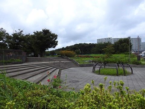 グループホーム周辺の写真である。広場には草木がたくさん植えられており、奥に大きなマンションが見える。