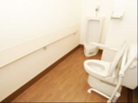 トイレは木目調のフローリングに、白い手すりや便座など白を基調とした内装である。座って利用する便座だけでなく、小便器も設置している。