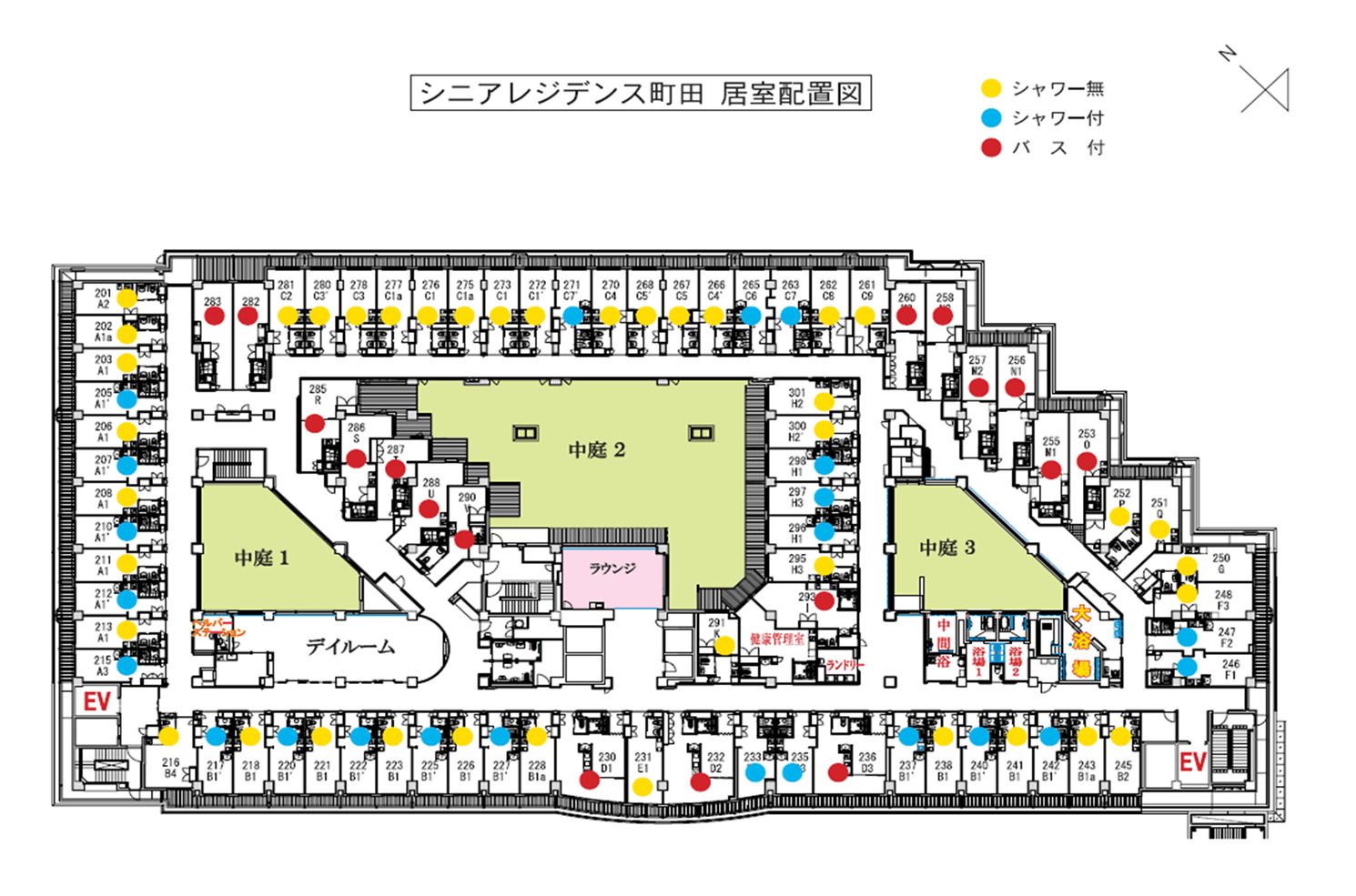 湘南ふれあいの園シニアレジデンス町田の居室配置図のフロアマップ