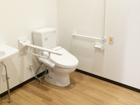 車椅子に乗ったまま利用が可能な形状の洗面台を備えている。フロアは広く、壁には手すりや緊急コールも備わっている。