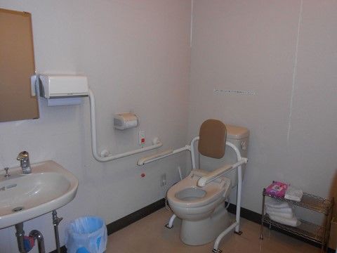 壁に緊急時のナースコールが設置された個室トイレが設けられている。洗面台や鏡も設置されていて、広い空間がある。