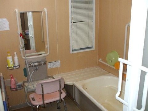 浴槽の横に台がついている。鏡の前にはカウンターがあり、その高さにあった介護用シャワー椅子も置かれている。