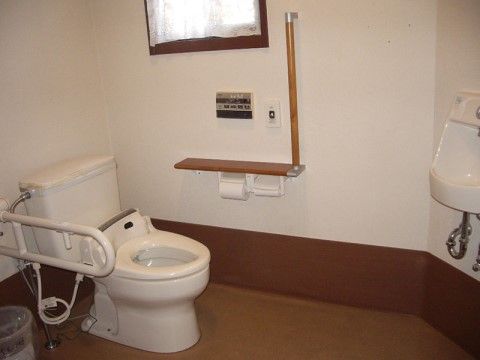 両サイドに手すりが取り付けられているトイレ。ペーパーホルダー上部も、しっかりとした手すりとなっている。