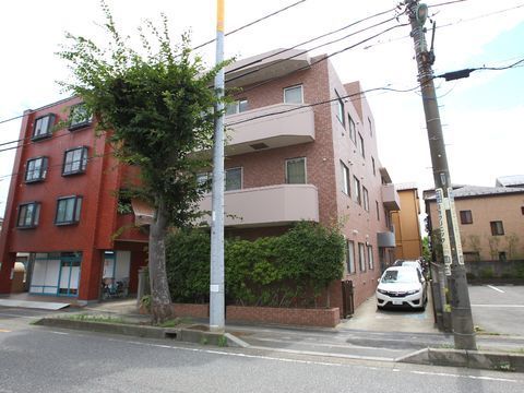 赤い壁面と大きな木が特徴的な、道路に面した施設の建物