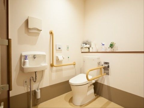 トイレの個室内に、洋式便器と手洗い場が並んで設置されている。便器横の壁にはＬ字型の手すりが取り付けられている。
