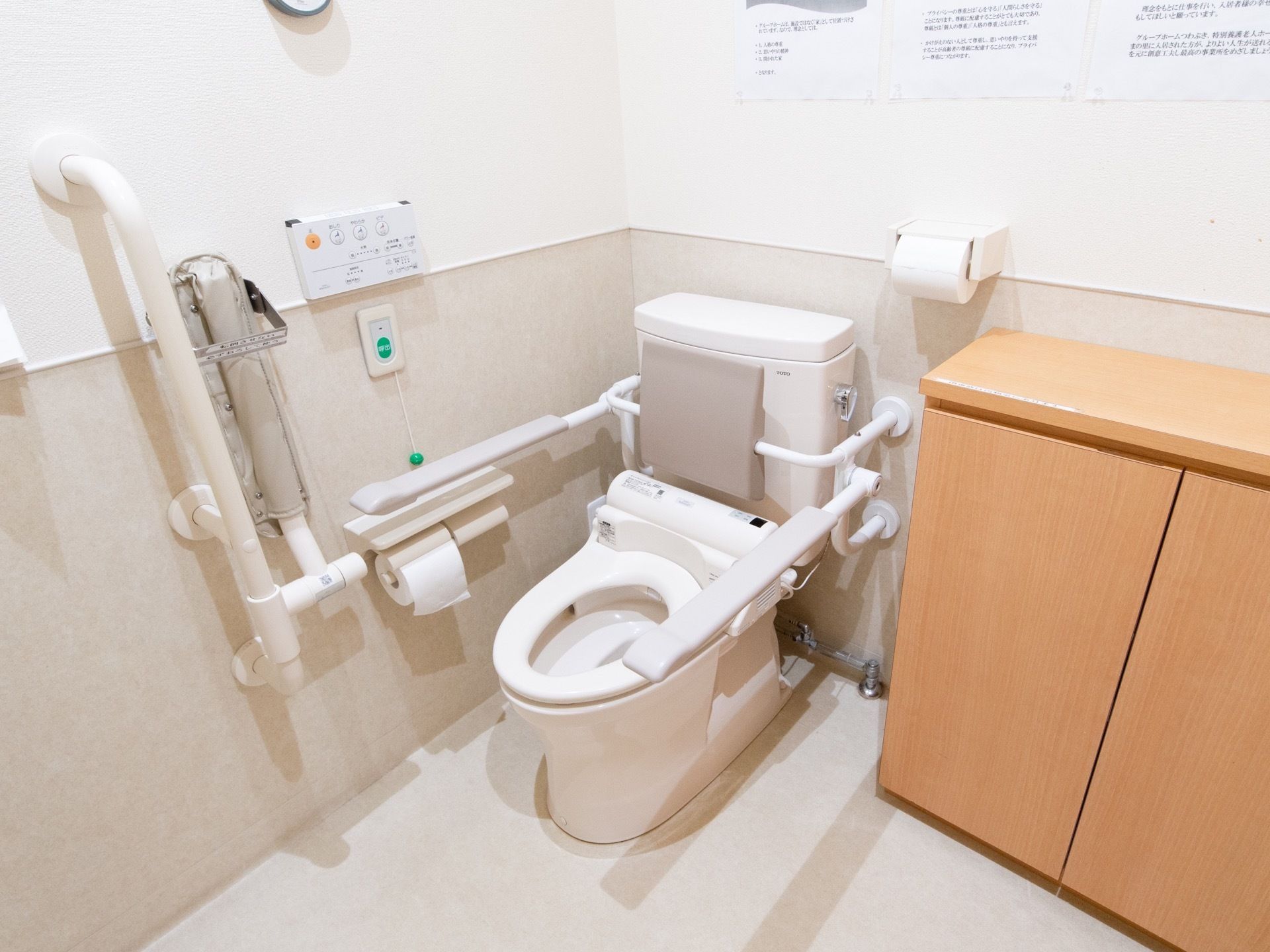 壁半分がグレーに塗られた広いトイレがある。側には木の棚が置かれている。壁には手すりがあり、便座にはひじ掛けと背もたれがついてる。
