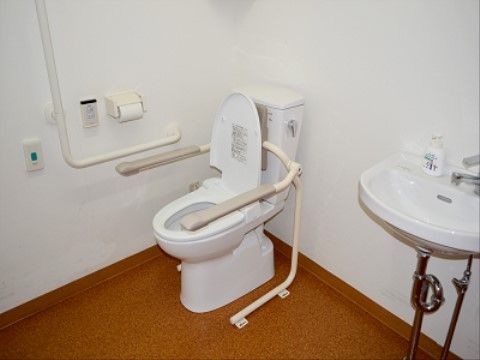 ハンドソープが置かれた、手洗い場があるトイレである。車椅子をご利用の方も、安心して過ごせるよう工夫されている。