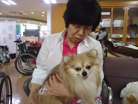 小型犬を抱きかかえて、笑顔で楽しげな入居者様の様子