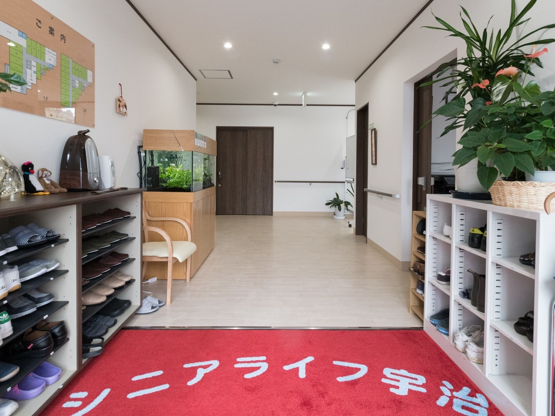 玄関には赤い玄関マットが敷かれている。マットの両側には靴箱が置かれていて、靴やスリッパが収納されている。